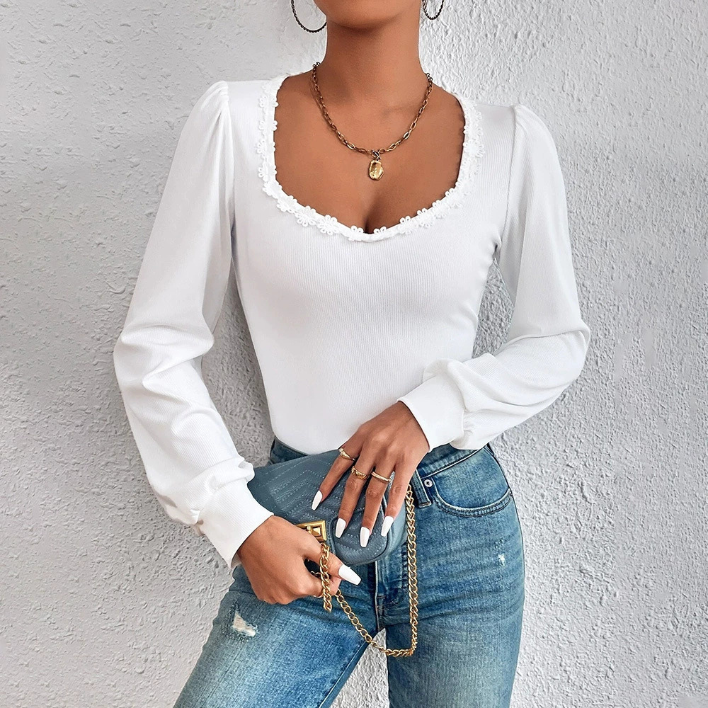 ZARA Spring Summer Puff Sleeve Fitted Versatile Long Sleeve Lace French Top